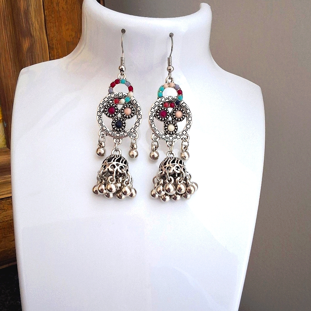 NEW Silver Multi-Colored Jewel Dangle Earrings